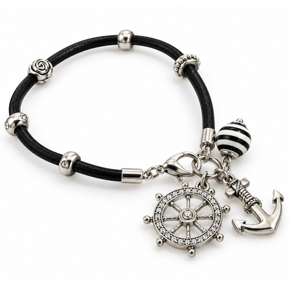 Nautical Anchor Ship Wheel Charm Bracelet Black Cord Ocean Beach Jewelry